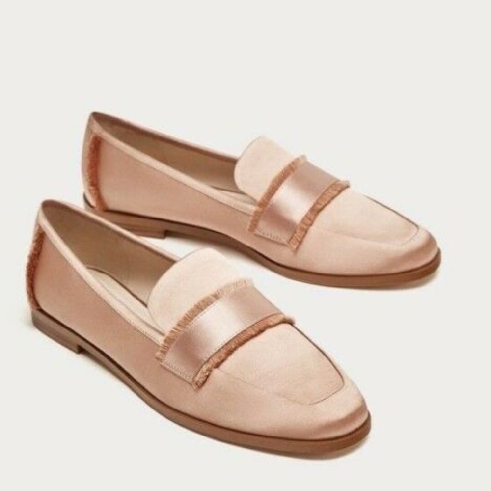 Zara Pink Satin Flats Frayed Loafers - Picture 8 of 8